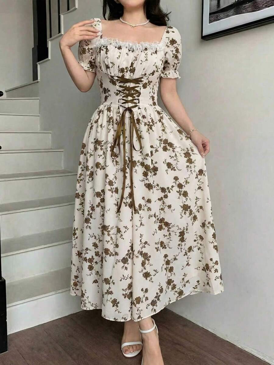 Glamine 碎花拼接荷叶边领泡泡袖系带连衣裙，优雅法式度假风