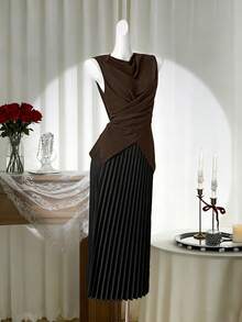 SHEIN LUNE Áo kiểu nữ thời trang, thanh lịch, phù hợp đi làm, đi nghỉ mát, mặc hàng ngày vào mùa xuân/hè, màu nâu, cổ áo xếp ly, dây đeo chéo thắt nơ. - màu nâu - Xem 4