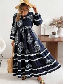 Ceyna 大码V领长袖休闲度假梭织连衣裙，春夏款 - 藏蓝色 - 查看 2