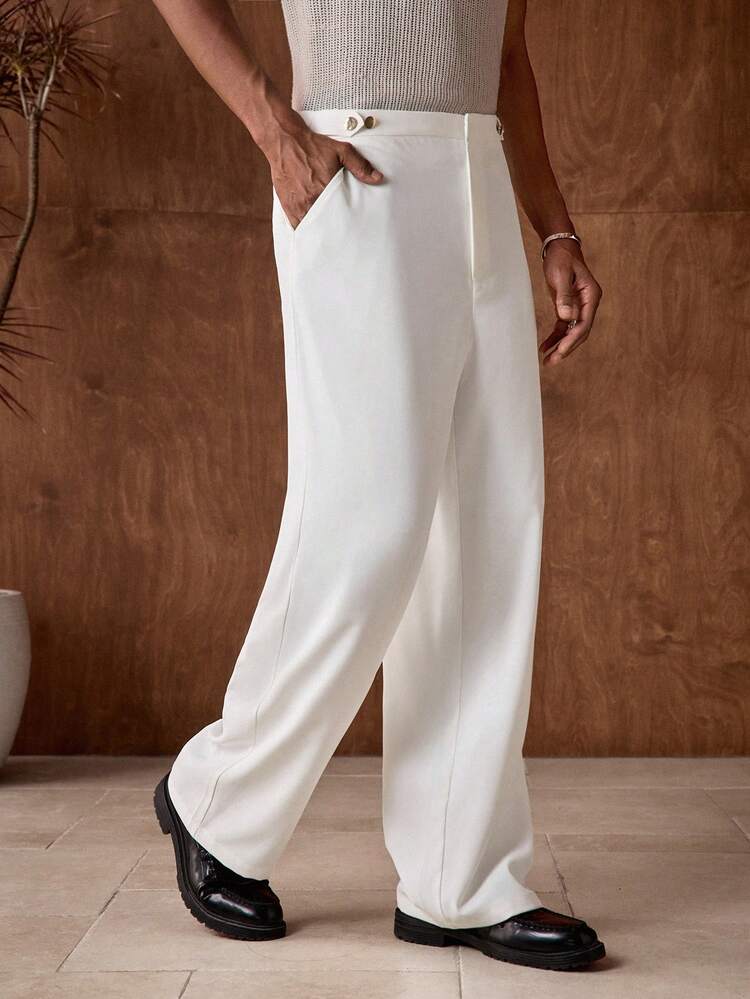 Męskie spodnie garniturowe na co dzień, do pracy, w jednolitym kolorze, z szerokimi nogawkami i kieszeniami ukośnymi, białe, eleganckie spodnie, męskie, białe spodnie, męskie spodnie wizytowe, kremowe spodnie, luźne spodnie z szerokimi nogawkami