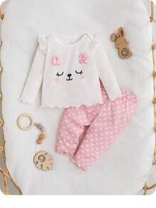 Newborn Baby Girl Cute Casual Knit Cartoon Pattern Top And Pink Pants Pajama Set - Pink - View 5