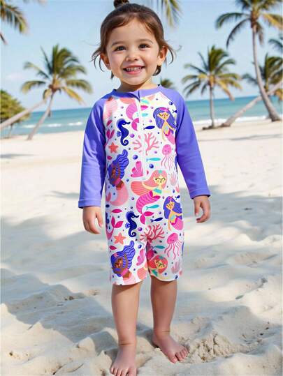 Sparklyn Baby Girls Beachwear Baby Girl Front Zipper Opening Mermaid Underwater World Purple Pink Cute Cartoon Print Contrasting Color Sun Protection Long Sleeved One-Piece One-Piece One-Piece Four Cornered Swimsuit One-Piece Swimsuit Fashionable, Casual, Cute, Exquisite, Gorgeous, Ladies Suitable For Swimming, Suitable For Summer Vacation, Beach, Beach, Swimming Pool, Summer Party, Leisure Vacation Toddler Rash Guard Toddler Swimsuit Long Sleeve Toddler Beach Wear Toddler Swimsuit Rainbow Fish