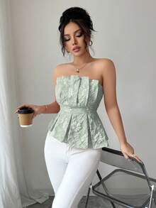 Rafferiza 女士奢华优雅花卉抹胸不对称上衣 - 綠色 - 查看 6