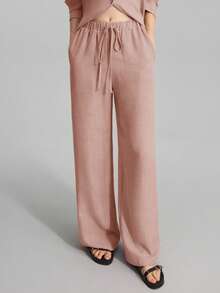 Ontre 2026 Summer Women's 2-Piece Outfit, Daily Casual Home Wear, Beach Vacation Outfit - Long Pants + Long Sleeve Shirt Set, Brunch Outfit, Music Festival Set, Elegant 2-Piece Summer Suit, Party & Business Casual Wear - Pink - View 3