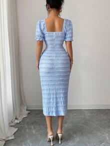 Elenzga Mẫu đầm midi ôm dáng, tay ngắn, cổ vuông, chất liệu dệt kim, kiểu dáng thanh lịch, đa năng, mới về dành cho nữ. - Màu xanh lam - Xem 2