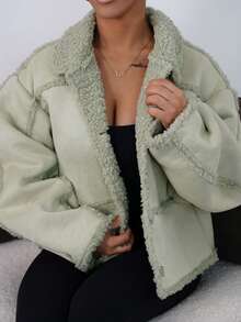 SAYEHFBABY 羊毛绒翻领夹克，夏季，甜美机场假日秋季街头风，秋冬，返校季办公室工作日常圣诞节 - 綠色 - 查看 3