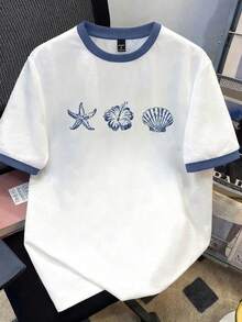 Manfinity Joysei Men's Casual Patchwork T-Shirt With Shell, Starfish, Hibiscus Flower Patterns, Suitable For Summer Outings - White - View 1