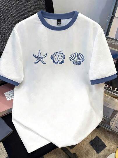 Manfinity Joysei Men's Casual Patchwork T-Shirt With Shell, Starfish, Hibiscus Flower Patterns, Suitable For Summer Outings