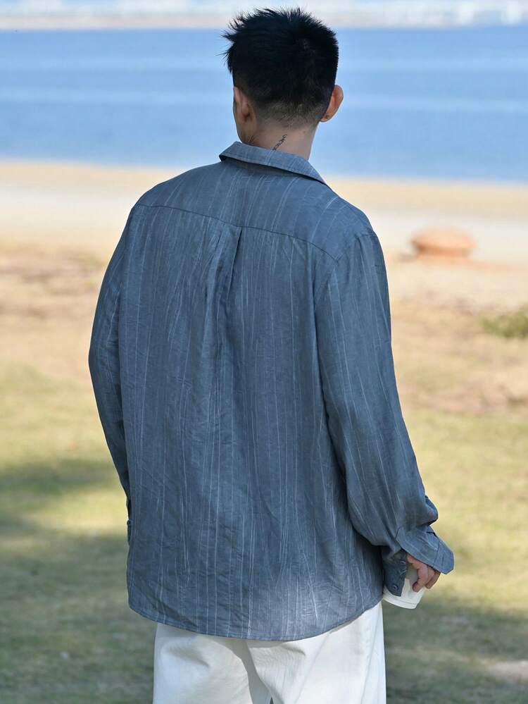 Men's Blue Textured Fabric Shirt, Spring Long Sleeve Tops Women