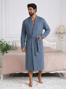 DAZY Men's Solid Color Long Robe, Spring/Summer - Blue - View 4