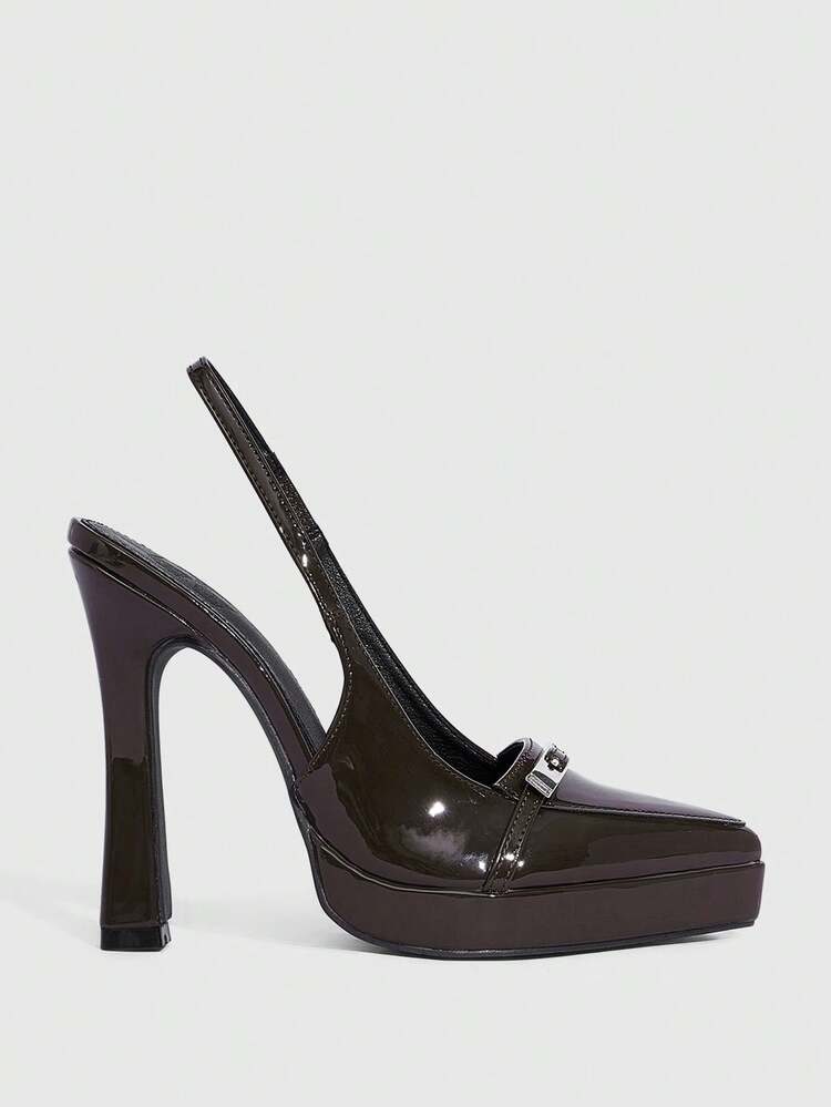 CUCCOO SZL Women's Pointed Toe High Heel Waterproof Platform Shoes, Buckle Decor, PU Leather, Minimalist & Comfortable, Suitable For Daily, Party, Banquet, Slip-On Backless Design