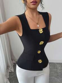 Elenzga Women's Summer New Elegant Commuter Fashion Versatile High-End Metal Buckle Decor Black Sleeveless Square Neck Waist Shirt - Black - View 4