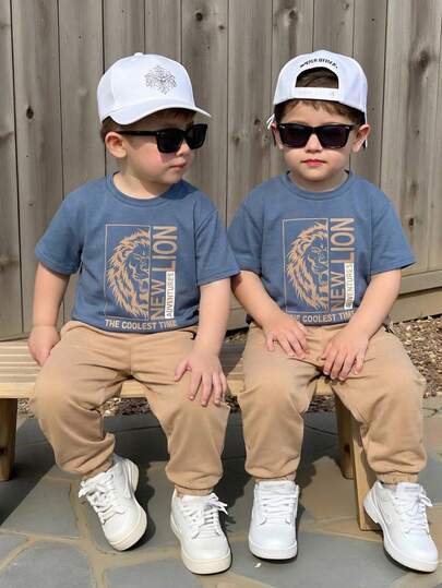 2pcs/Set Young Boys' Cute Lion Graphic Short Sleeve T-Shirt And Pants Set, Comfortable Casual Outfit For Indoor, Outdoor, Daily Wear, Sports, Play, Party, Photo Shoot, Holiday, Suitable For Spring/Summer