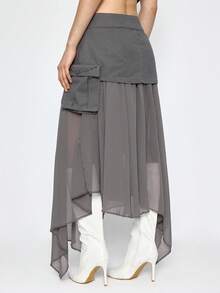 ROMWE Grunge Punk Váy ngắn denim chiffon phối họa tiết đinh tán kim loại màu xanh hải quân kiểu punk, vạt bất đối xứng. - Xám - Xem 6