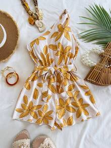 Soleia Bộ jumpsuit nữ kiểu dáng retro màu xanh trắng in họa tiết, lệch vai, eo xoắn, dáng rộng, thích hợp cho tiệc tùng, hẹn hò, mùa hè, đi biển, lễ hội âm nhạc. - Nhiều màu - Xem 6