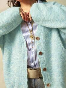 Bohemela Áo khoác cardigan dệt kim dáng rộng, phong cách vintage thường ngày, thích hợp cho mùa Thu/Đông. - Màu xanh nhạt - Xem 5