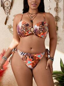 Swim Vcay Plus Size Women Casual Random Print Bikini Set With Adjustable Strap, Triangle Bottom Swimwear - Multicolor - View 3