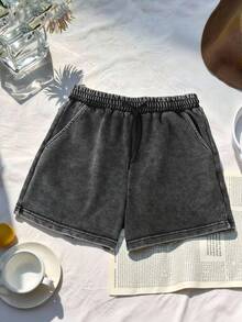 SHEIN Girls' Straight Leg Denim Shorts,Grey,Summer,Casual,City Break,Black Acid Wash,Loose Fit,Drawstring Waist,Versatile For School,Party,Vacation,Daily - Black - View 4