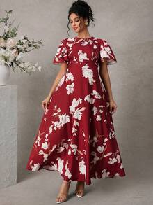 Momance Vestido de maternidad elegante y romántico con cuello redondo, mangas con volantes y estampado digital ajustado - Rojo - Ver 6