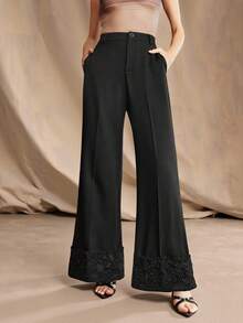 Anewsta Pantalones casuales de pierna ancha con diseño de patchwork de encaje negro para mujer, pantalones rectos adelgazantes, primavera/verano - Negro - Ver 4