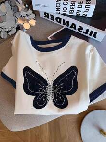 Resyla Y2K复古美式蝴蝶珍珠装饰宽松女式T恤 - 白色 - 查看 3