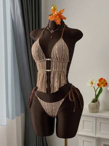 Bellisia 女士花卉蕾丝网纱串珠露背撞色系带吊带背心式泳衣套装，适合春夏度假穿着 - 咖啡棕 - 查看 3