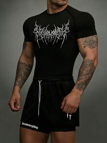 GymBeat Stylish Men's Half Sleeve Round Neck Black Sports Set Featuring Halloween Pattern And Convenient Pockets - Black - View 4