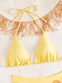 Swim Basics 3pcs Women's Solid Color Simple Halter Neck Swimsuit Set - Multicolor - View 4