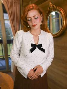 Gretanique 新款V领蝴蝶结短款毛衣，侧开衩，精致优雅，长袖上衣 - 白色 - 查看 6