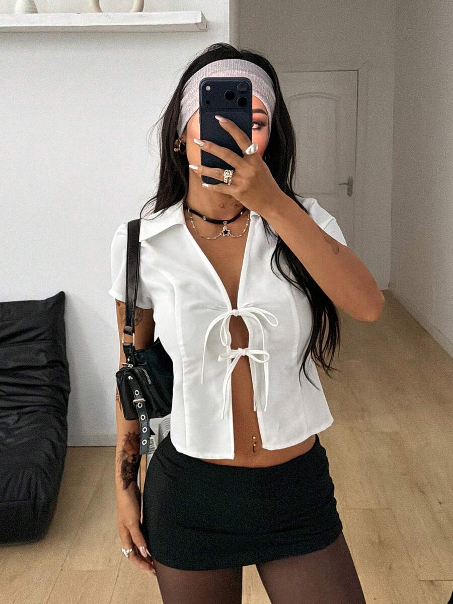 Coolane Women's Spring Y2K Chic Business Casual Break Outfits Office Wear Going Out Rave Outfit Renaissance Fair Club Outfits Bustier Tie Front  White Blouses - White - View 1