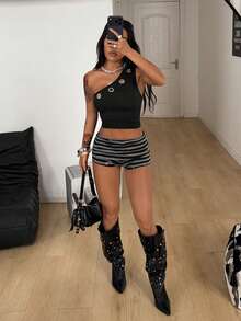 Coolane Women's Spring Y2K Punk Rave Streetwear Going Out Rave Ring Decoration Black Top - Grey - View 4