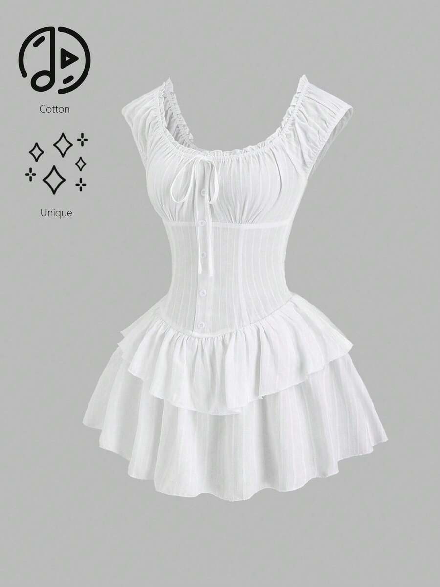 Sweetra Süßes, lässiges, kurzes weißes Kleid mit geblümtem, geschichtetem Saum, Frühling/Sommer - Weiss - Übersicht 1