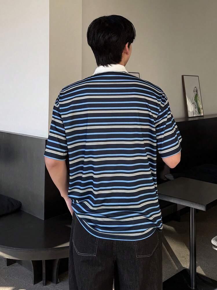 Men's Striped Patchwork Collar Polo Shirt, Summer
