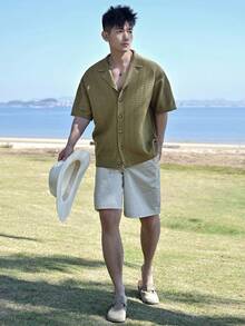 DAZY 男士纯绿色度假风开衫衬衫，夏季 - 綠色 - 查看 7