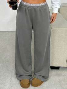 SHEIN Pantalones anchos de pierna ancha con cintura de contraste sueltos y casuales para niñas preadolescentes, cómodos - Gris - Ver 1