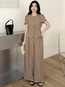 SHEIN Setelan 2 Potong Atasan Lengan Pendek dan Celana Panjang Lebar Warna Cokelat Kopi untuk Remaja Perempuan, Elegan & Serbaguna untuk Beraktivitas Sehari-hari, Musim Semi/Panas - Coffee Brown - View 6