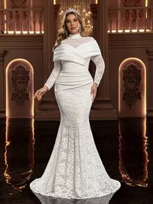 Glamrae فستان أنيق فاخر رومانسي مزين بالدانتيل الأبيض، طويل الأكمام، قصة ذيل حورية البحر، مناسب للزفاف، فستان العروس، عيد الحب - أبيض - مشاهدة 5