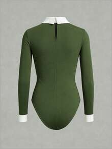 Franclia 2025新款衬衫领撞色细节长袖连体衣——经典黑白配色，修身贴合身形，展现迷人曲线，轻松百搭。 - 軍綠色 - 查看 2