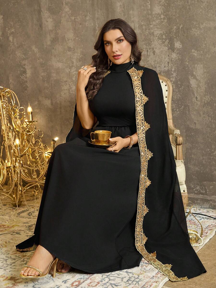 EMERY ROSE 大码闪亮高领披肩式连衣裙，优雅迷人，适合约会和派对 - 黑色 - 查看 1