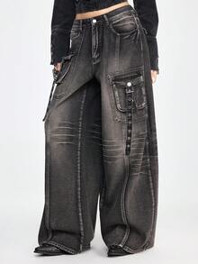 ROMWE Grunge Punk Vintage Punk Metal Grommet Loose Wide Leg Jeans - Black - View 5
