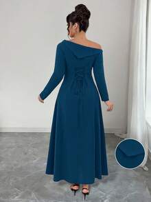 Elenzga Vestido de línea A de manga larga con cuello alto, ajuste de cintura, hombro asimétrico y bajo irregular, de punto suave y elegante para salir, fiestas, citas y uso diario, talla grande - Agua verde azul - Ver 2