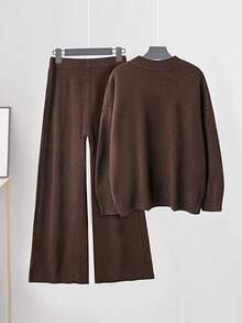 SHEIN Tall CURVE 大码休闲宽松纯色落肩针织毛衣裤两件套，秋冬款 - 咖啡棕 - 查看 2