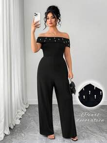 Elenzga Bộ áo liền quần cỡ lớn thanh lịch đính hạt, kiểu trễ vai, màu trơn, áo liền quần cỡ lớn dành cho nữ, áo liền quần đính hạt, bộ quần áo cỡ lớn kèm quần, áo liền quần trễ vai dành cho nữ, áo liền quần nữ. - màu đen - Xem 3