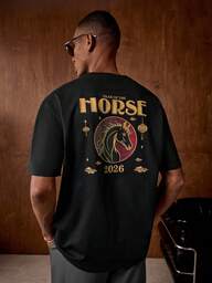 AKNOTIC เสื้อยืดพิมพ์ลายลำลองถักผู้ชายทรงหลวม