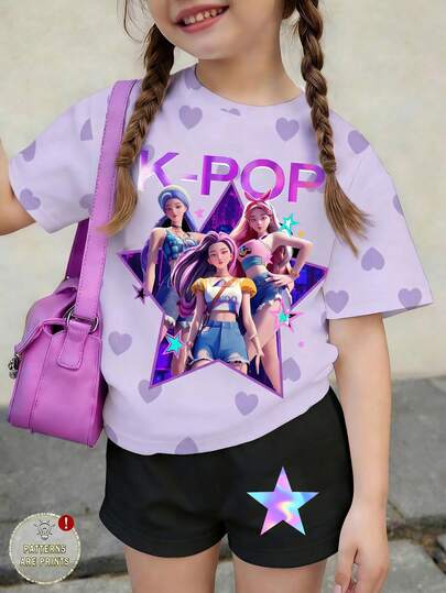 2pcs/Set Girls Letter & Figure Print Round Neck Short Sleeve T-Shirt And Shorts Set