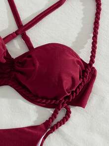 Swim DD+ 纯色珍珠光泽沙滩泳池派对扭绳软杯优雅度假比基尼套装 - 酒紅色 - 查看 8