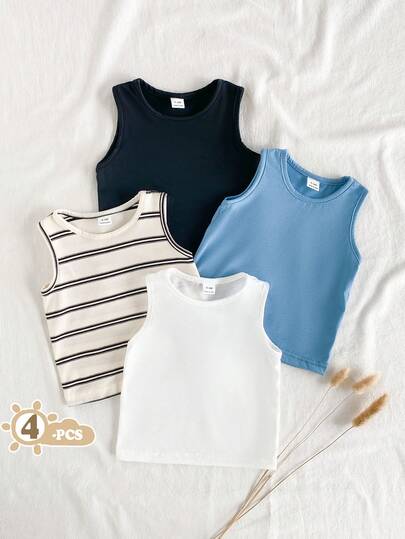 SHEIN Vintaside Kids 4pcs Baby Boys' Casual Striped Embroidered Graphic Sleeveless T-Shirt Vest, Round Neck, Suitable For Spring/Summer Outings Or Daily Wear, Versatile, Comfortable And Adorable