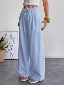 SHEIN EZwear Summer Outfits  Women's Blue Striped Woven Tie-Front Casual Pants - Blue and White - View 4