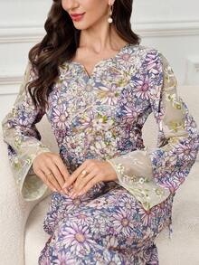 Al Najma Women's Floral Contrast Mesh Long Sleeve Elegant Arabic Dress - Multicolor - View 5