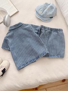 SHEIN 夏季水洗浅蓝色简约百搭时尚男童牛仔套装 - 藍色 - 查看 2